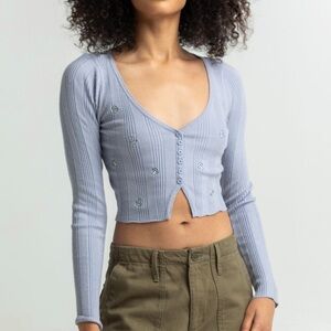EU Full Tilt Blue Mushroom Ribbed Y2K Style Cropped Cardigan